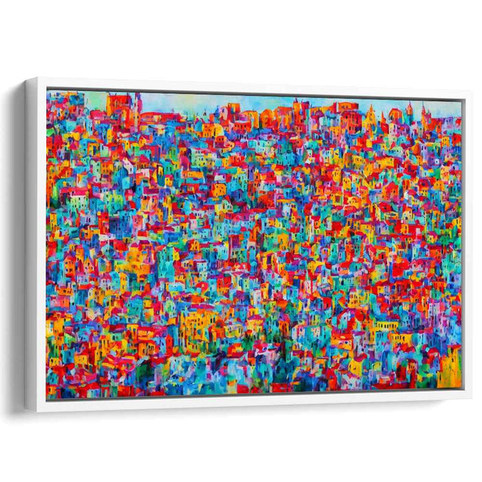 Pixelated Urban Mosaic: Colorful Pointillist Cityscape Canvas Art Print