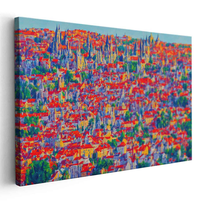 Urban Sketch in Ember Hues: Impressionist Cityscape in Fiery Red Canvas Art Print
