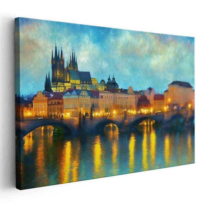 Bridge Arches Over Time: Historic Cathedral and Bridge Cityscape Canvas Art
