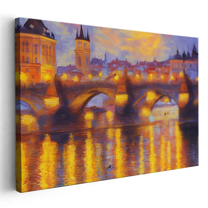 Prague Under Moonlight: Twilight Over Prague - Impressionist Cityscape Canvas Art