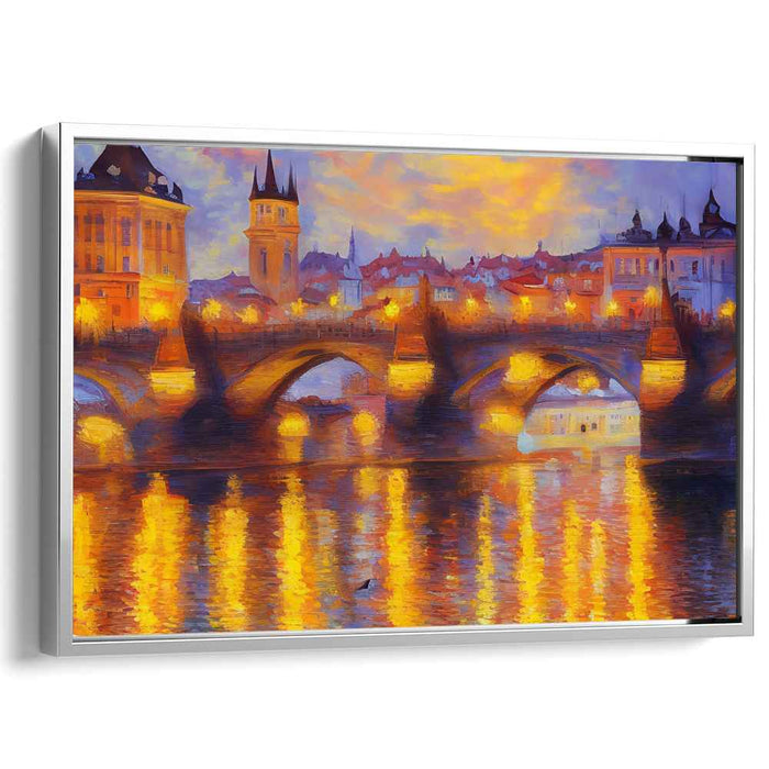 Prague Under Moonlight: Twilight Over Prague - Impressionist Cityscape Canvas Art