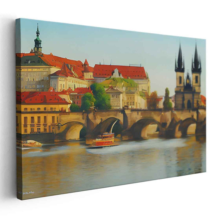 Channel Reflections Composition: European Riverside Cityscape Canvas Art Print