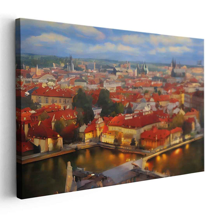 Golden Hues of Prague: Romantic European Cityscape Canvas Art Print