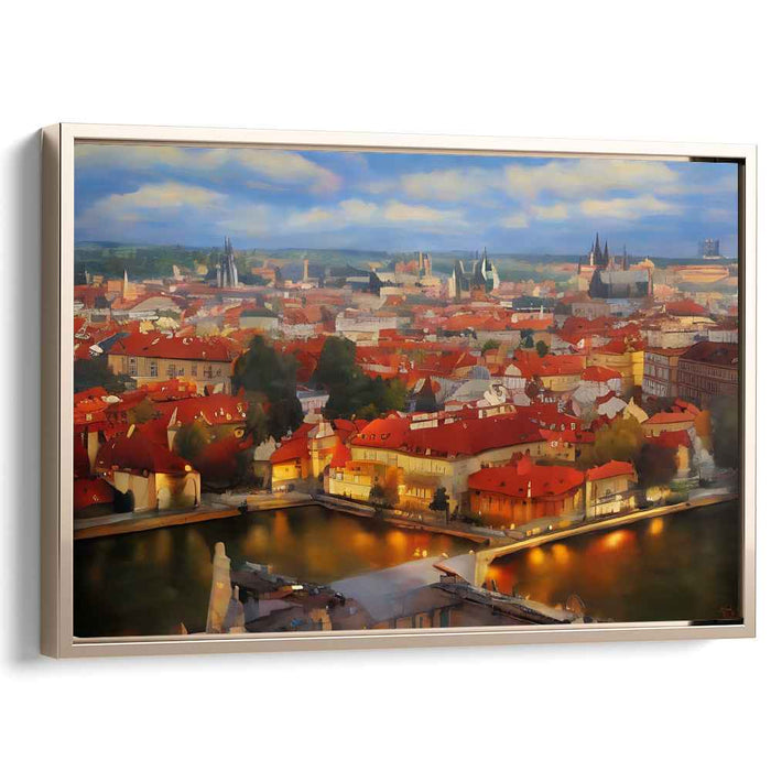 Golden Hues of Prague: Romantic European Cityscape Canvas Art Print