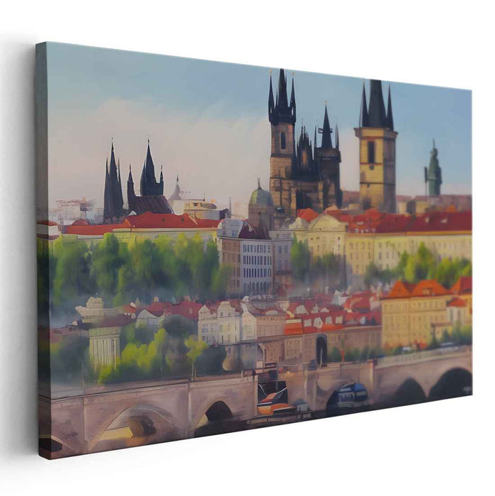 Morning Hues over Prague: Impressionist-Inspired Cityscape Canvas Art