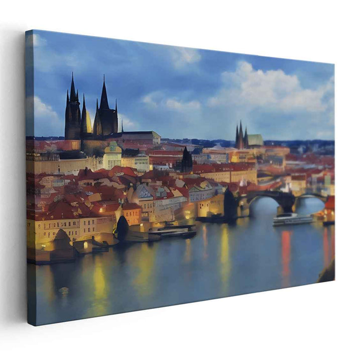 Urban Reflections: Penumbra: European Cityscape Over River Canvas Art Print