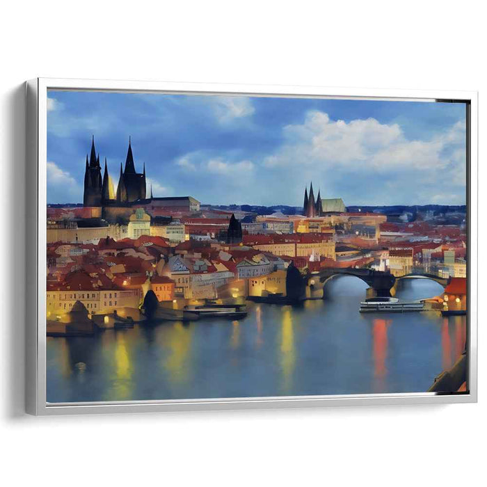 Urban Reflections: Penumbra: European Cityscape Over River Canvas Art Print