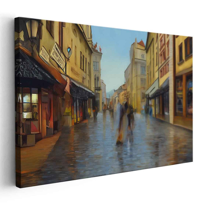 Sunset Stroll: Impressionist European Street Scene Canvas Art Print