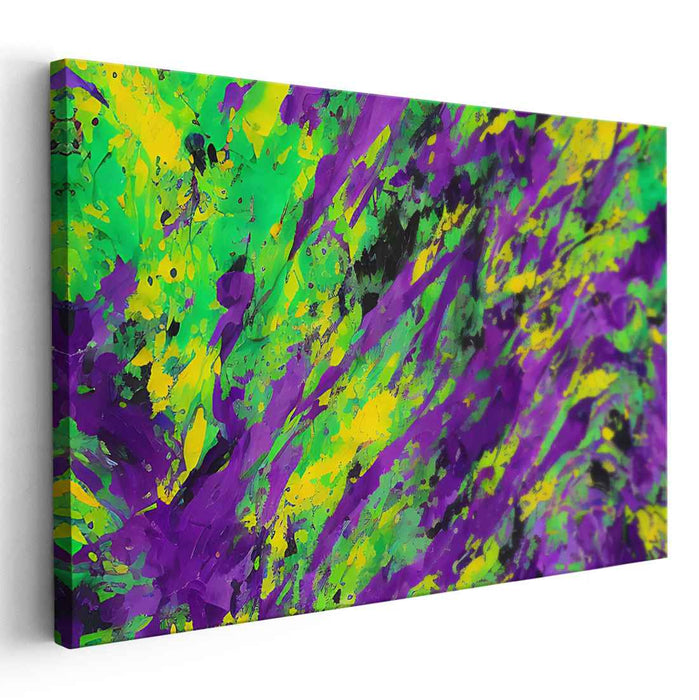 Chromatic Dance of Abstract Hues: Abstract Expressionist Green, Purple, and Yellow Canvas Art