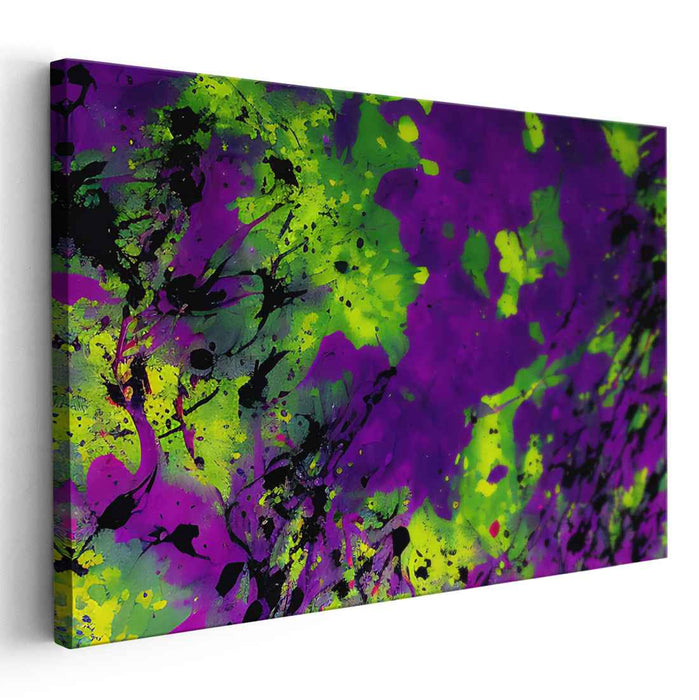 Chromatic Whispers Unleashed: Abstract Expressionist Lime Green and Purple Canvas Art Print