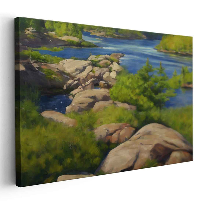 Verdant Waterside Impressions: Lush Riverside Landscape in Realistic Style Canvas Art