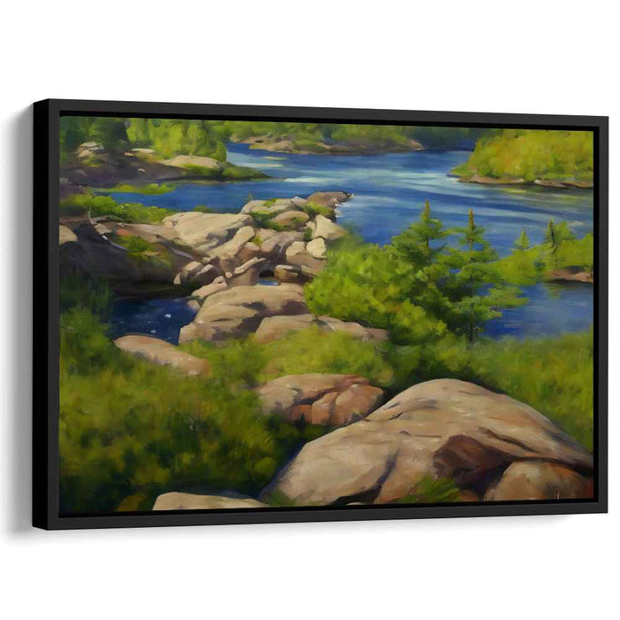Verdant Waterside Impressions: Lush Riverside Landscape in Realistic Style Canvas Art