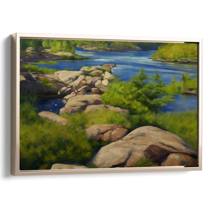 Verdant Waterside Impressions: Lush Riverside Landscape in Realistic Style Canvas Art