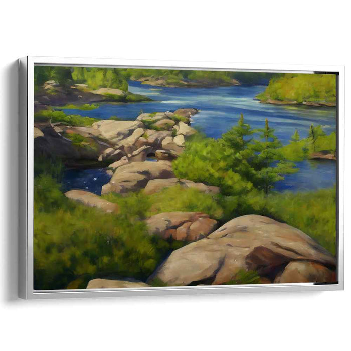 Verdant Waterside Impressions: Lush Riverside Landscape in Realistic Style Canvas Art
