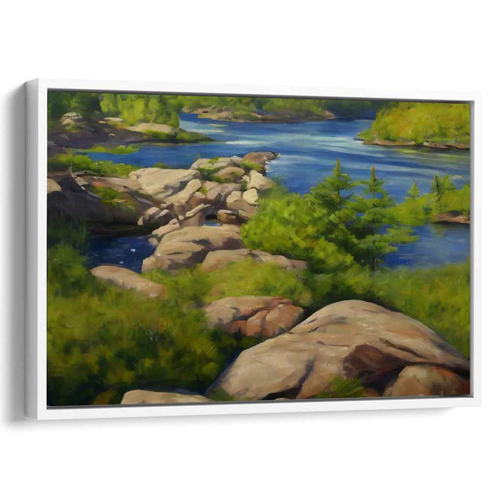 Verdant Waterside Impressions: Lush Riverside Landscape in Realistic Style Canvas Art