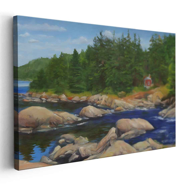 Crimson Cabin Escape: Serene Landscape with Red Cabin Canvas Art Print
