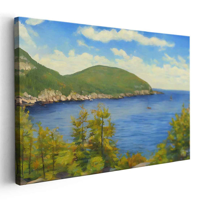 Calm Summit: Tranquil Blue Waters and Verdant Hills Canvas Art Print