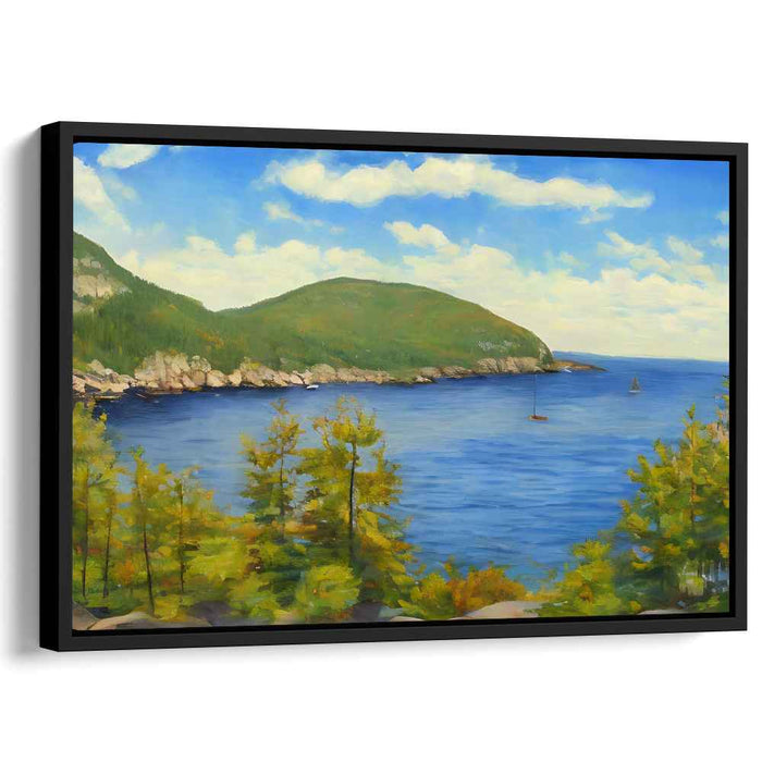 Calm Summit: Tranquil Blue Waters and Verdant Hills Canvas Art Print