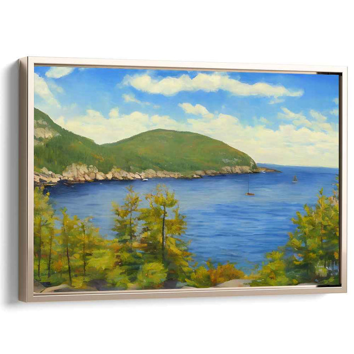 Calm Summit: Tranquil Blue Waters and Verdant Hills Canvas Art Print