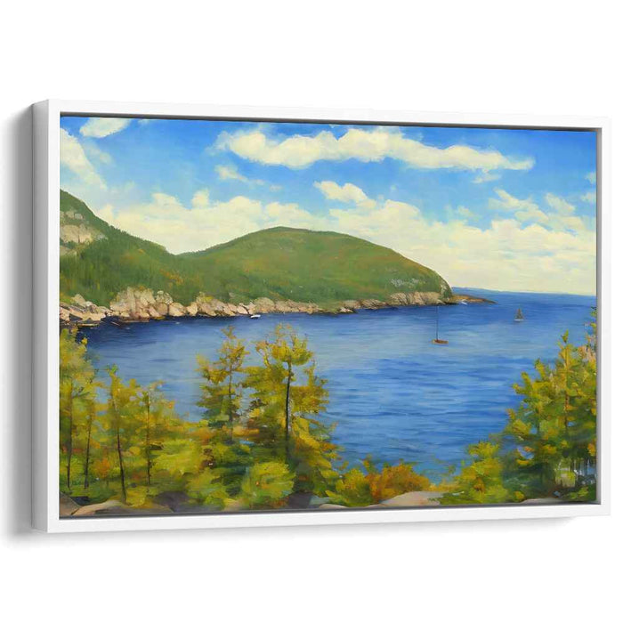 Calm Summit: Tranquil Blue Waters and Verdant Hills Canvas Art Print