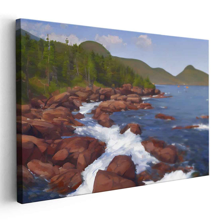 Ethereal Cascade Serenity: Majestic Rocky Shoreline and Tranquil Ocean View