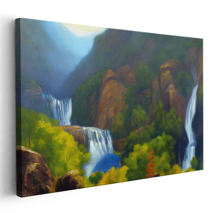 Veil of Verdant Cascades: Majestic Waterfalls and Lush Forest Landscape