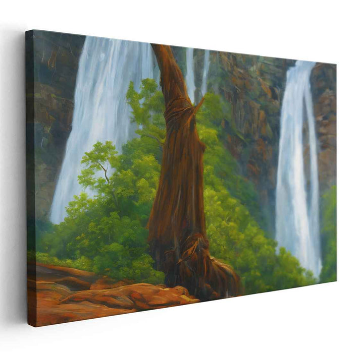 Whispering Falls and Timeless Trunk: Serene Waterfall and Ancient Tree Landscape Canvas Art