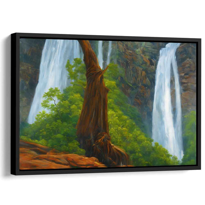 Whispering Falls and Timeless Trunk: Serene Waterfall and Ancient Tree Landscape Canvas Art