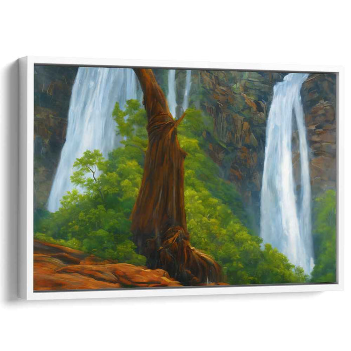 Whispering Falls and Timeless Trunk: Serene Waterfall and Ancient Tree Landscape Canvas Art
