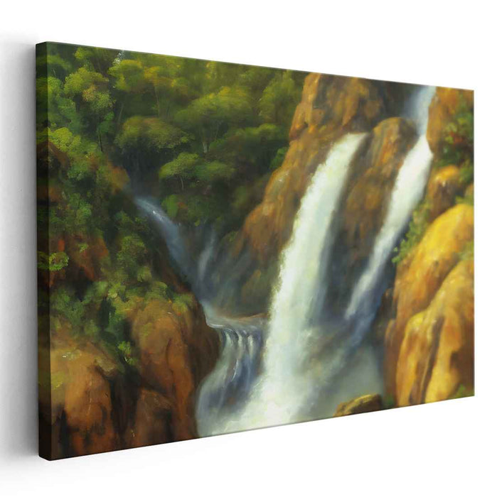 Gilded Cascade Oasis: Lush Waterfall in Golden Wilderness Canvas Art Print