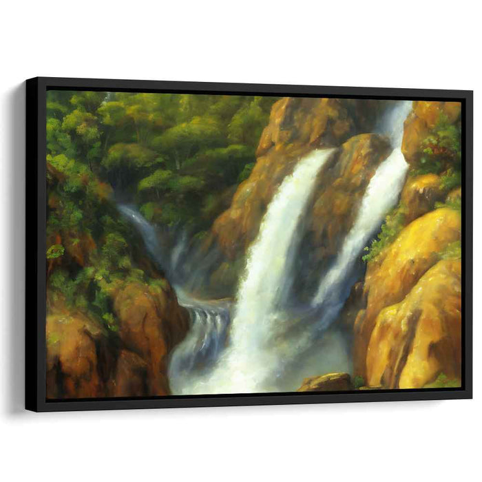 Gilded Cascade Oasis: Lush Waterfall in Golden Wilderness Canvas Art Print