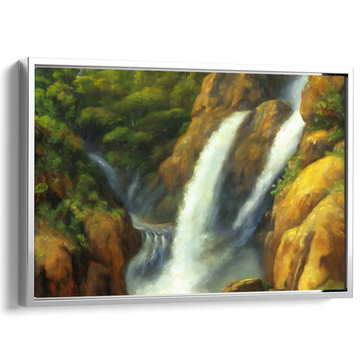 Gilded Cascade Oasis: Lush Waterfall in Golden Wilderness Canvas Art Print