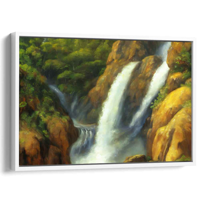 Gilded Cascade Oasis: Lush Waterfall in Golden Wilderness Canvas Art Print