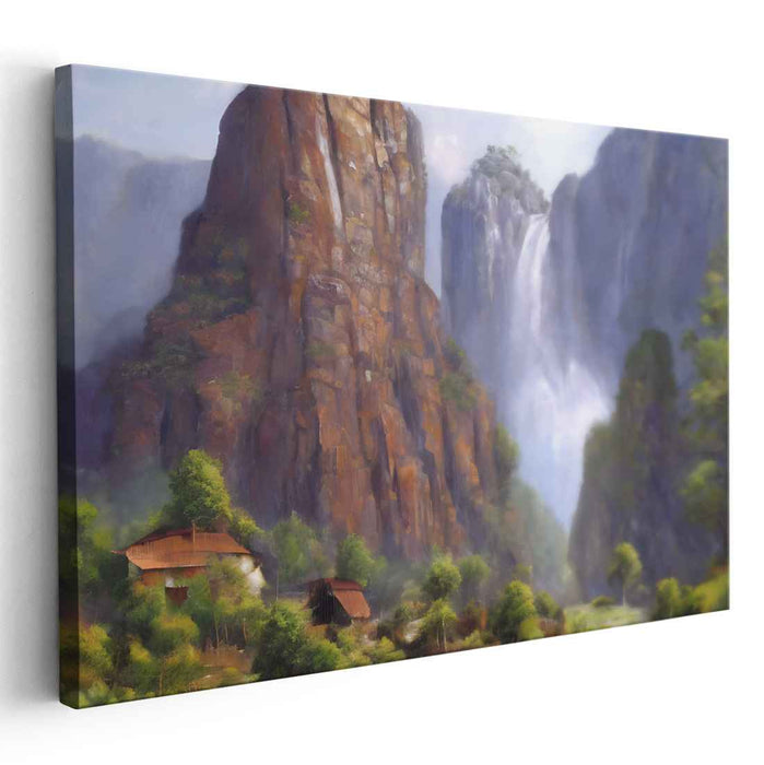 Cascade Edge View: Waterfall and Cliffs Landscape Canvas Art Print
