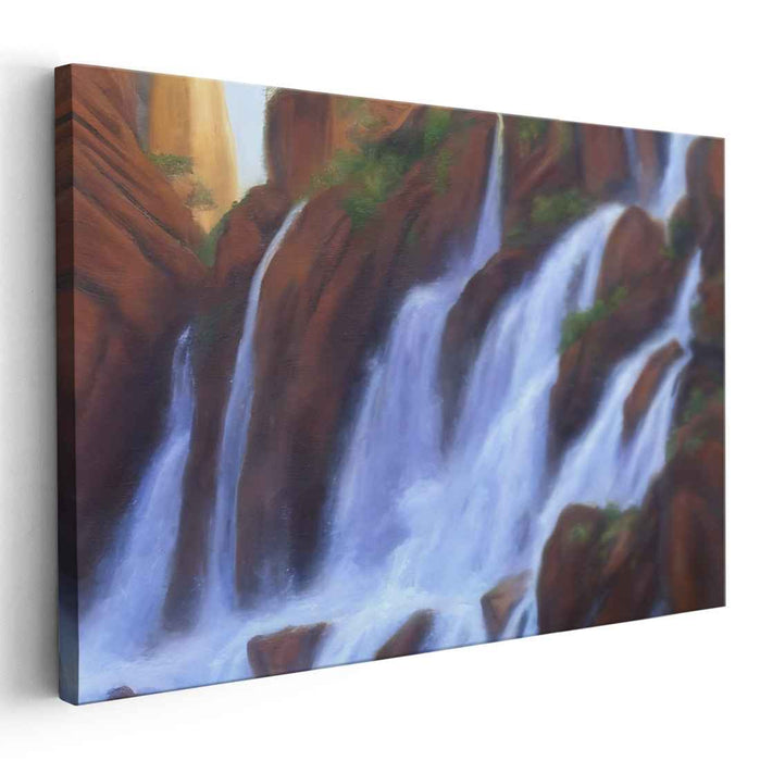 Whispers In Misty Cascades: Romantic Waterfall Landscape Canvas Art Print