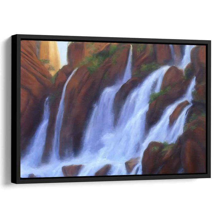 Whispers In Misty Cascades: Romantic Waterfall Landscape Canvas Art Print