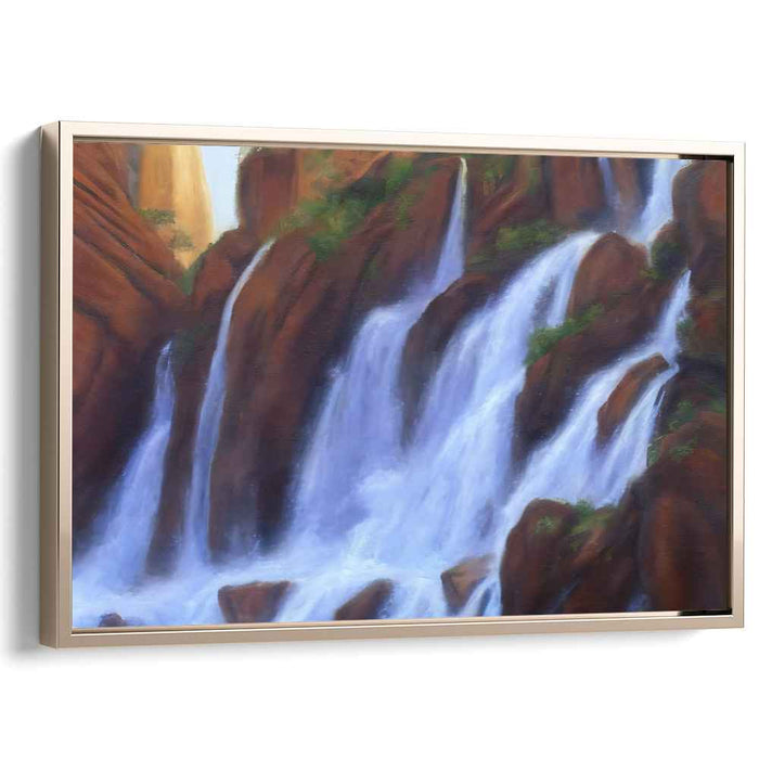 Whispers In Misty Cascades: Romantic Waterfall Landscape Canvas Art Print