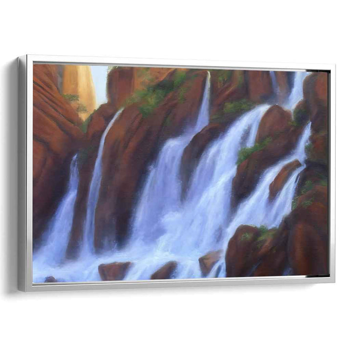 Whispers In Misty Cascades: Romantic Waterfall Landscape Canvas Art Print