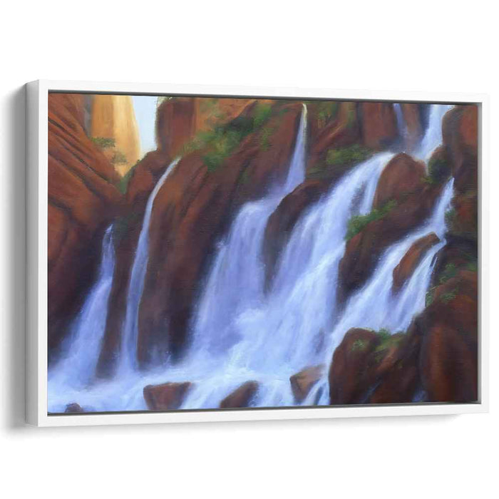 Whispers In Misty Cascades: Romantic Waterfall Landscape Canvas Art Print