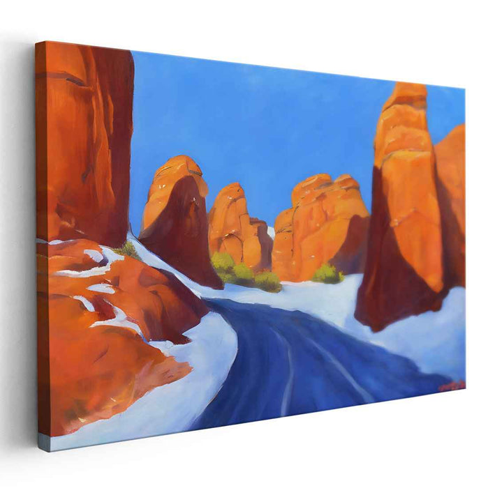 Frosty Ruby Canyon Glow: Radiant Red Rock Winter Landscape