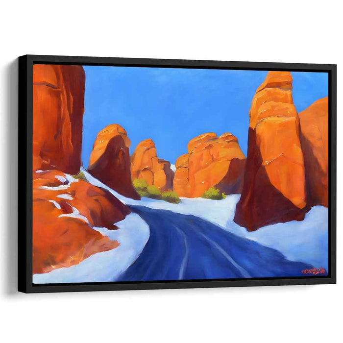 Frosty Ruby Canyon Glow: Radiant Red Rock Winter Landscape