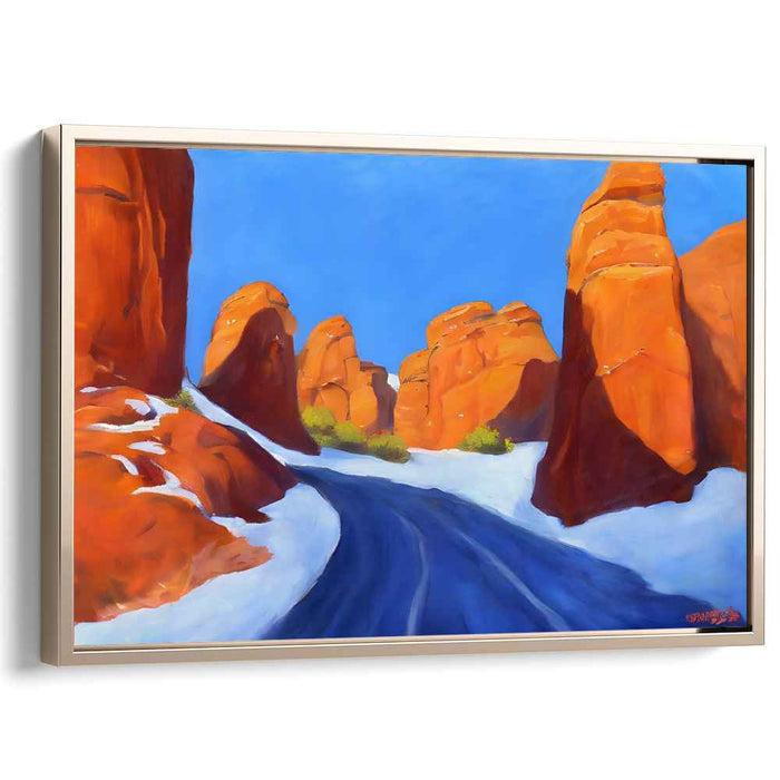 Frosty Ruby Canyon Glow: Radiant Red Rock Winter Landscape