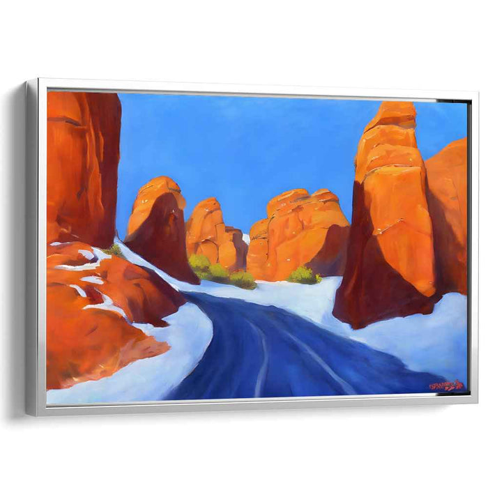 Frosty Ruby Canyon Glow: Radiant Red Rock Winter Landscape