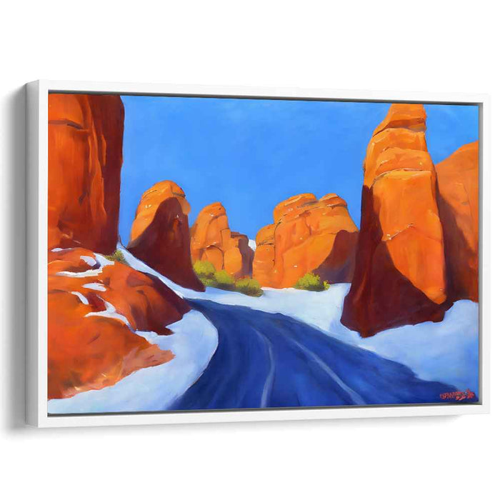 Frosty Ruby Canyon Glow: Radiant Red Rock Winter Landscape