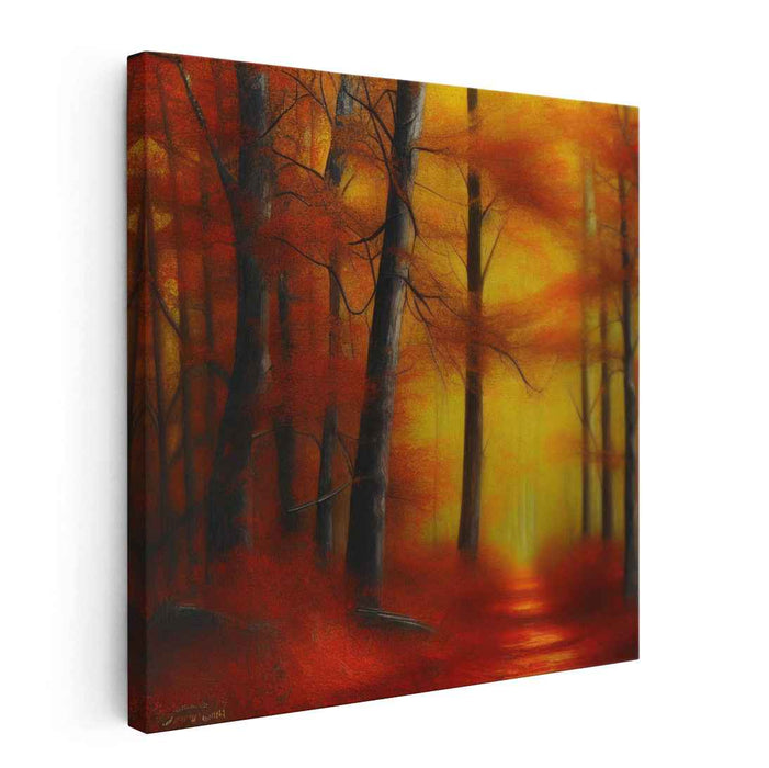 Whispers Of Crimson Leaves: Enchanting Forest Path in Fiery Fall Colors Canvas Art