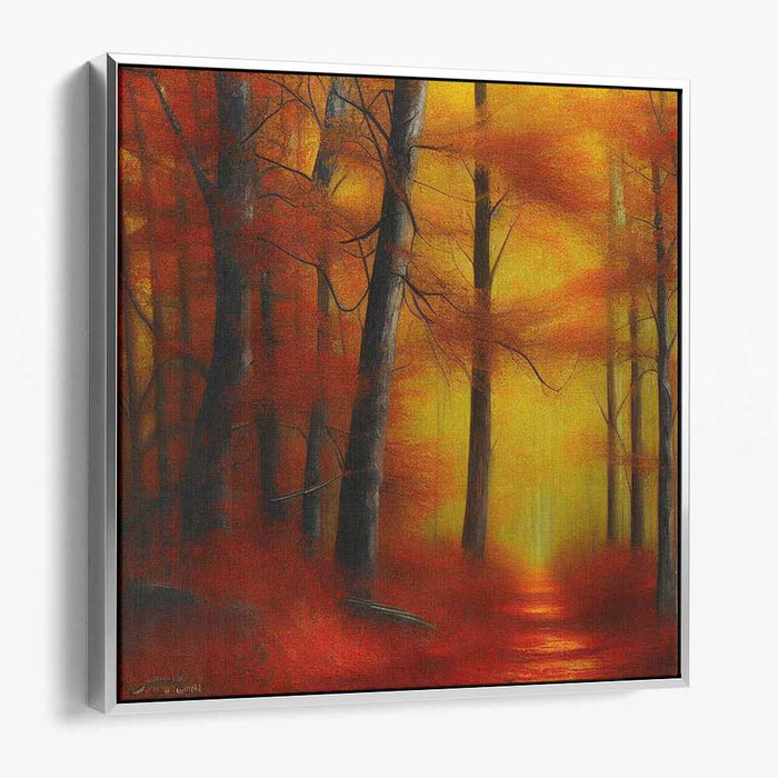 Whispers Of Crimson Leaves: Enchanting Forest Path in Fiery Fall Colors Canvas Art