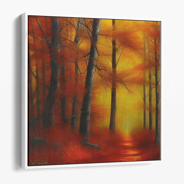 Whispers Of Crimson Leaves: Enchanting Forest Path in Fiery Fall Colors Canvas Art