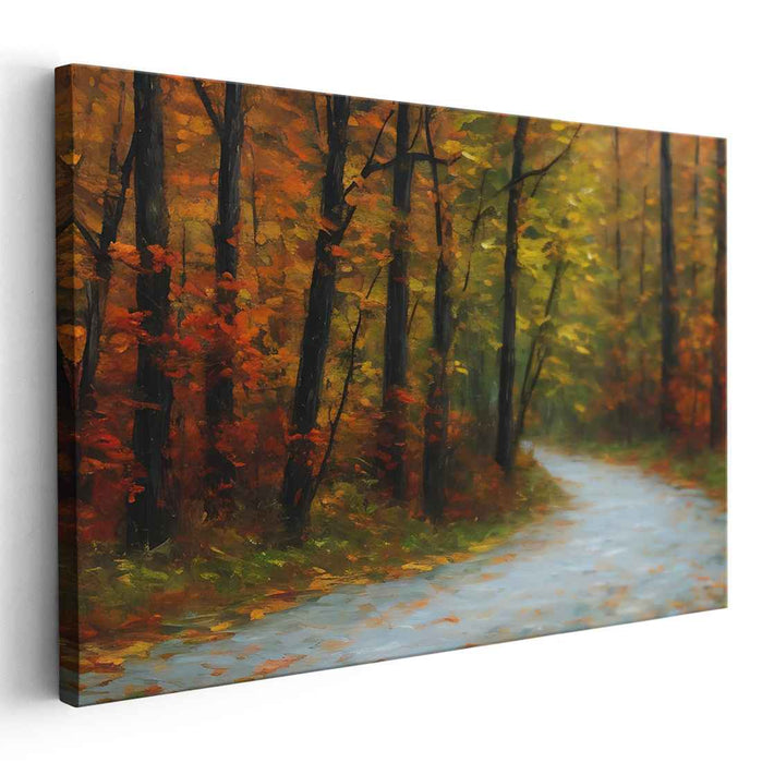 Whispering Leaves Dance Underfoot: Impressionist Forest Path in Fall Canvas Art