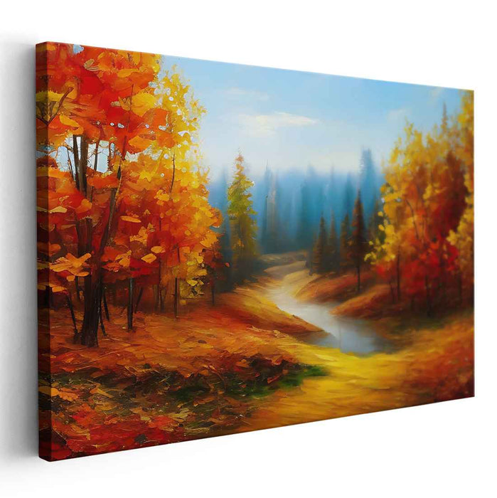 Ember Flow Serenity: A Tranquil River Through Fiery Foliage Canvas Art Print