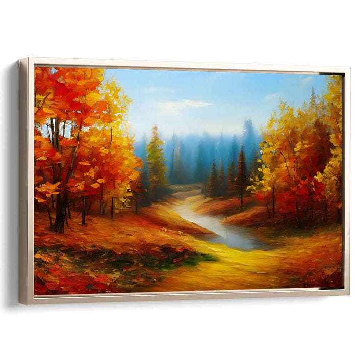Ember Flow Serenity: A Tranquil River Through Fiery Foliage Canvas Art Print